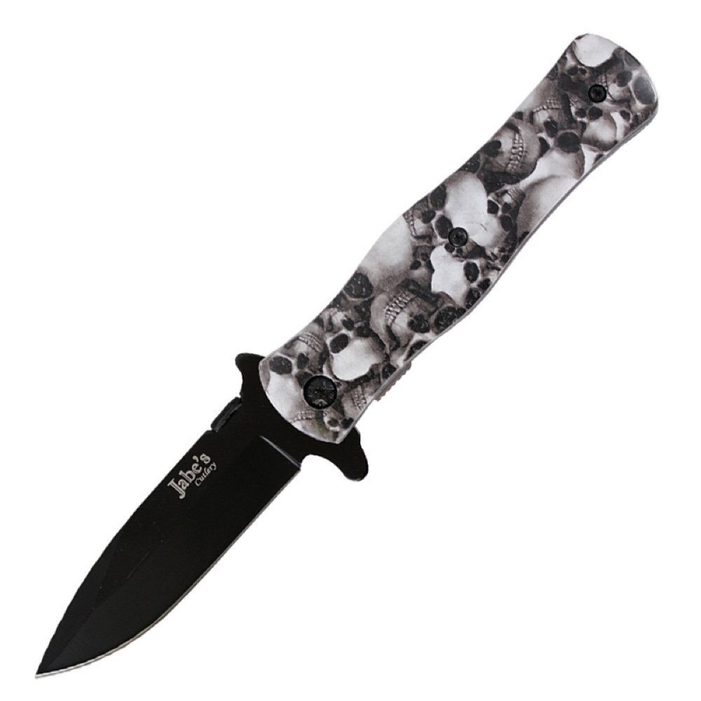Folding Pocket Knife - Black/White Skulls / Black Oxidized Blade
