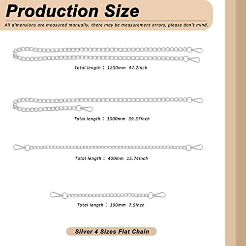 4 Sizes Purse Chain Strap Silver Replacement Flat Chain Strap with Buckles Pe...