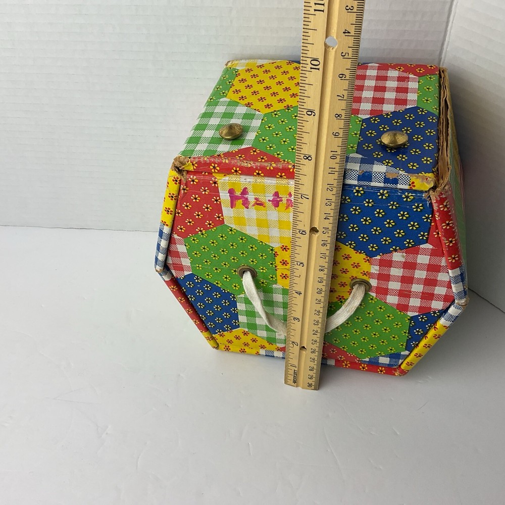 Patchwork Print Sewing Box with Tray Vintage 70s Hexagon Shape Storage