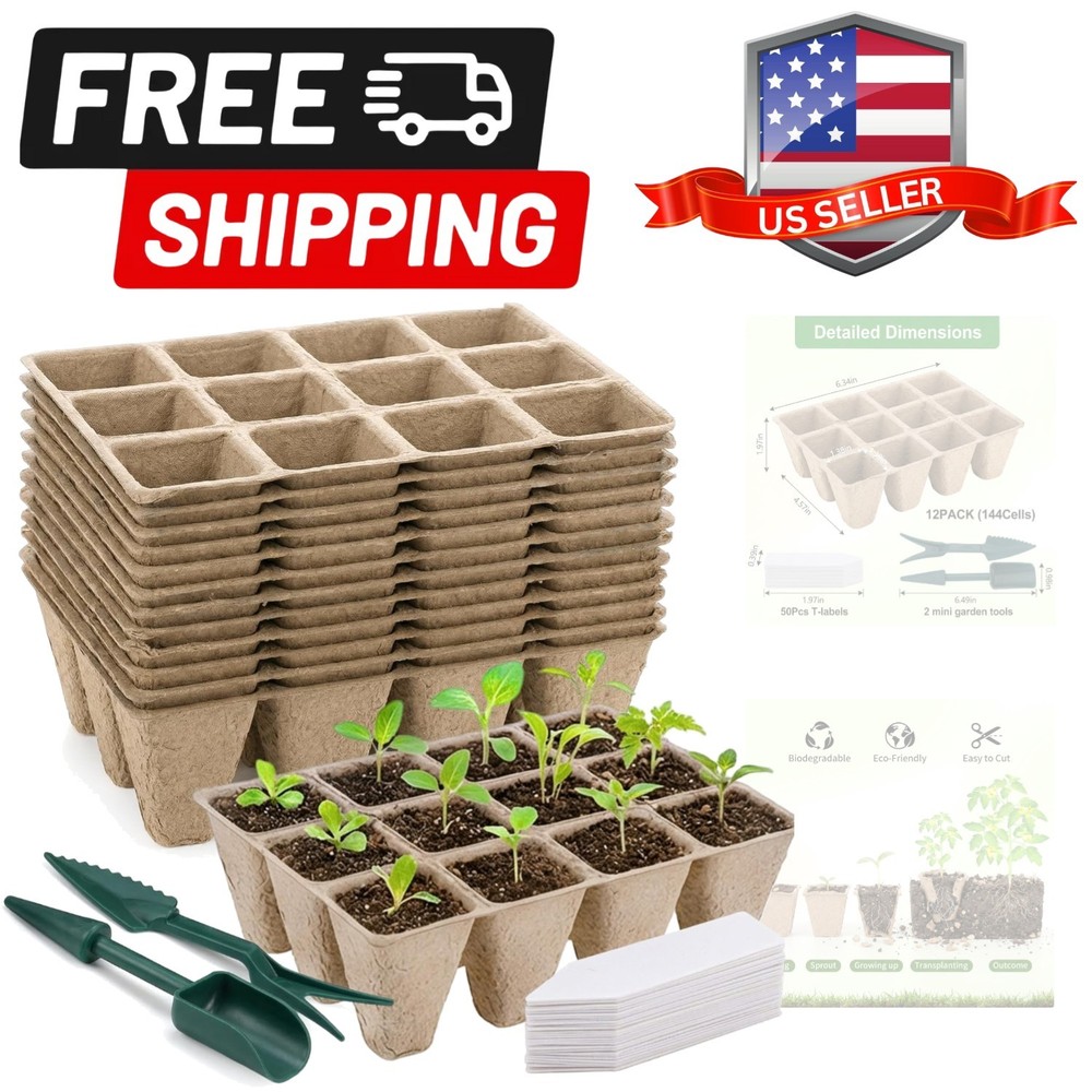 144 Cells Seed Starter Tray, 12 Pack Biodegradable Peat Pots, Plant Starter K...