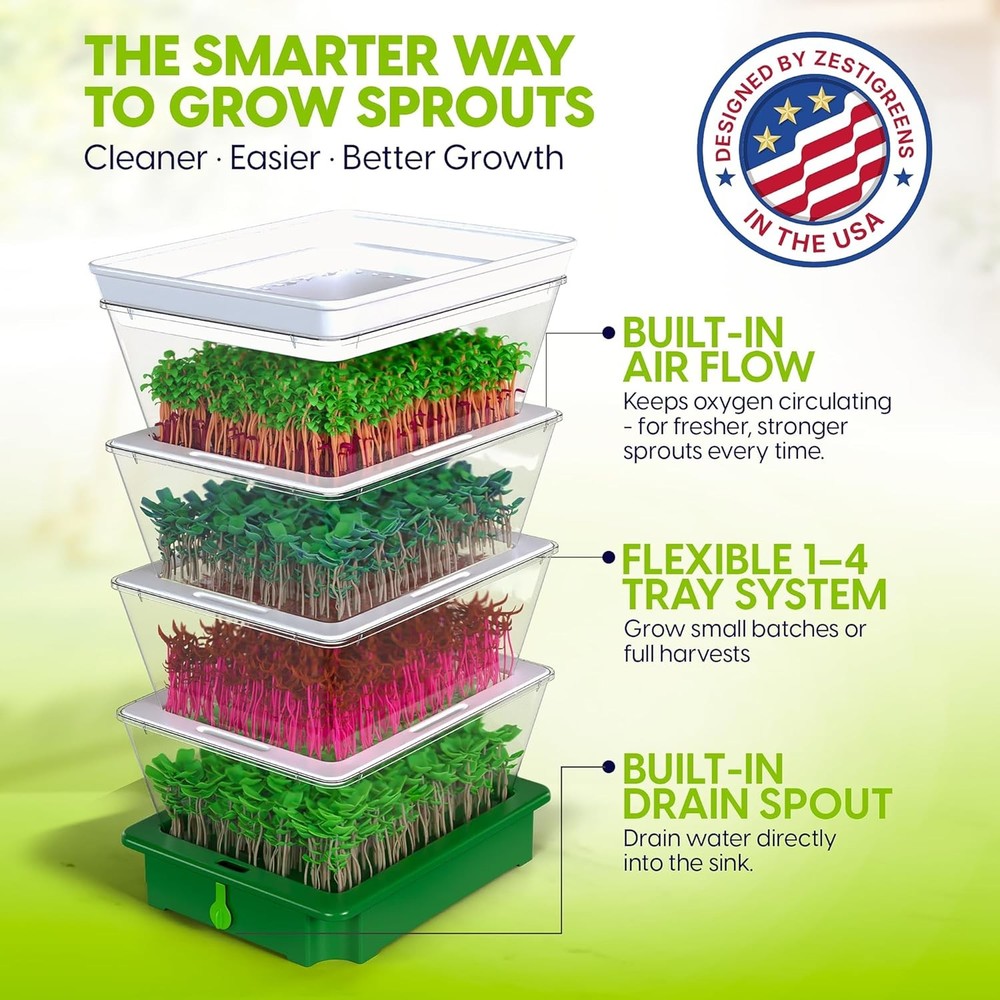 4-Tier Sprouting Kit Stackable Seed Sprouter Trays W/ Drain Spout Grow Fresh