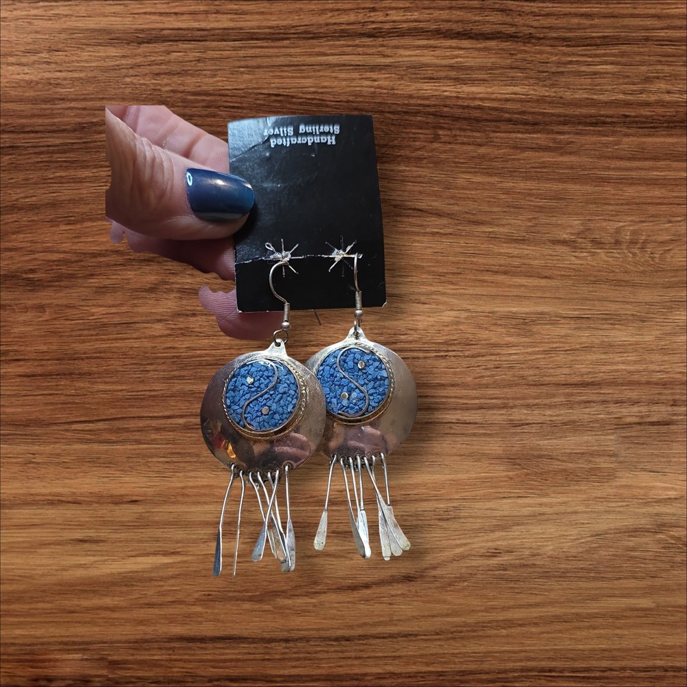 Alpaca Silver And Turquoise Chip Inlay Dangle Earrings
