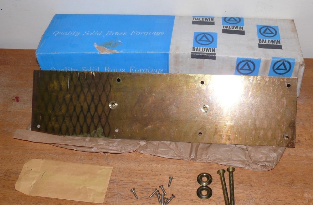Vintage New open box Baldwin Brass 4" x 16" Solid Brass Pull Plate with hardware
