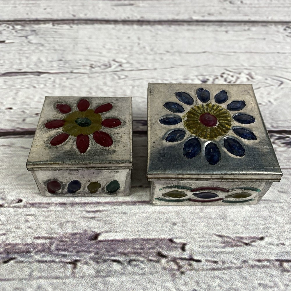 Embossed Hand Painted Mini Mexican Nesting Tin Trinket Boxes Square Hinged