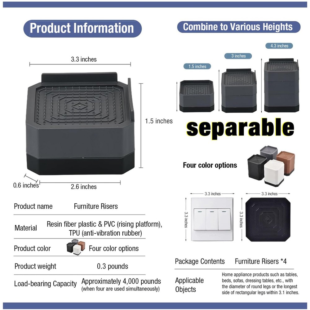 EclatBain Bed Risers Furniture Risers Heavy-Duty Rectangular Adjustable Block...