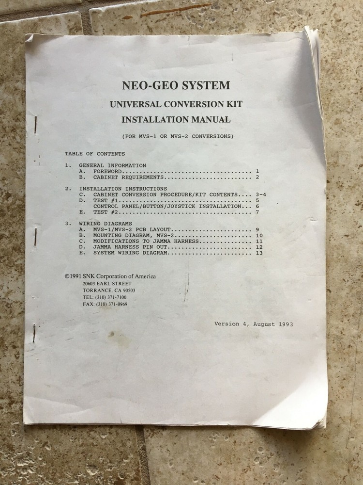 Neo Geo System Universal Conversion Kit Installation Manual