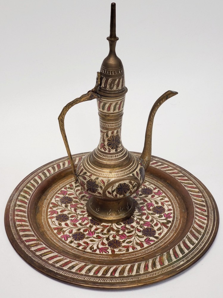 Vintage 6 pc Middle Eastern Turkish style solid brass coffee or tea pitcher cups