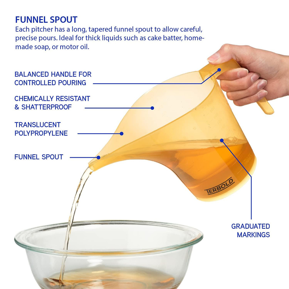 Funnel Pitcher with Spout 2Pc Set | 1 Liter Plastic Measuring Pitchers for Cake,