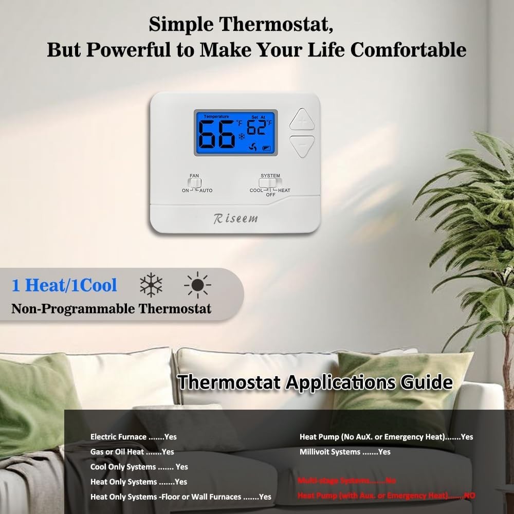Battery-Powered Blue Backlight Thermostat for Single-Stage Systems, Easy Control