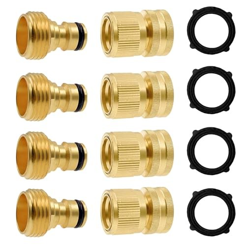 Garden Hose Quick Connector, Solid Brass 3/4 Inch GHT Thread Garden 4 Set