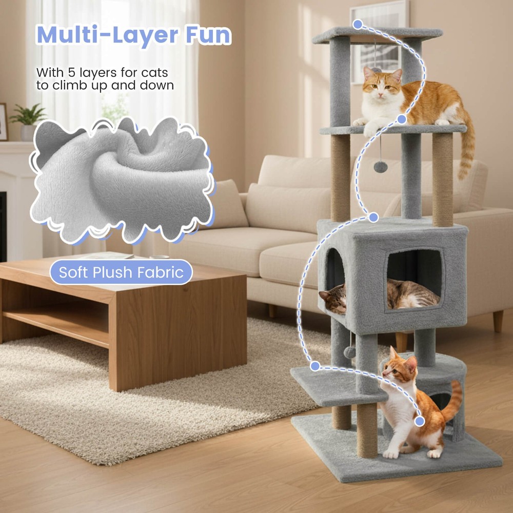 64” Tall Cat Tree with 2 Large Condos, Jute Scratching Posts, Plush Top Perch