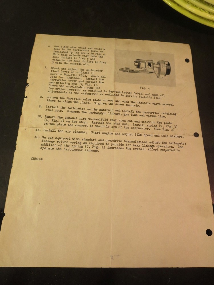 Original 1959 Studebaker Carburetor Kit Installation Instructions