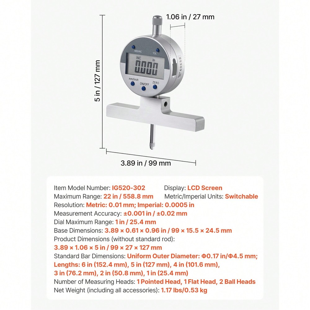 Micrometer Set, Digital Outside LCD Screen, In/Mm Switch, Carbide Tip