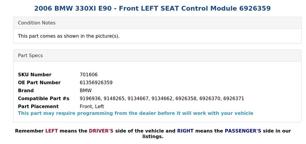 2006 BMW 330XI E90 - Front LEFT SEAT Control Module 6926359