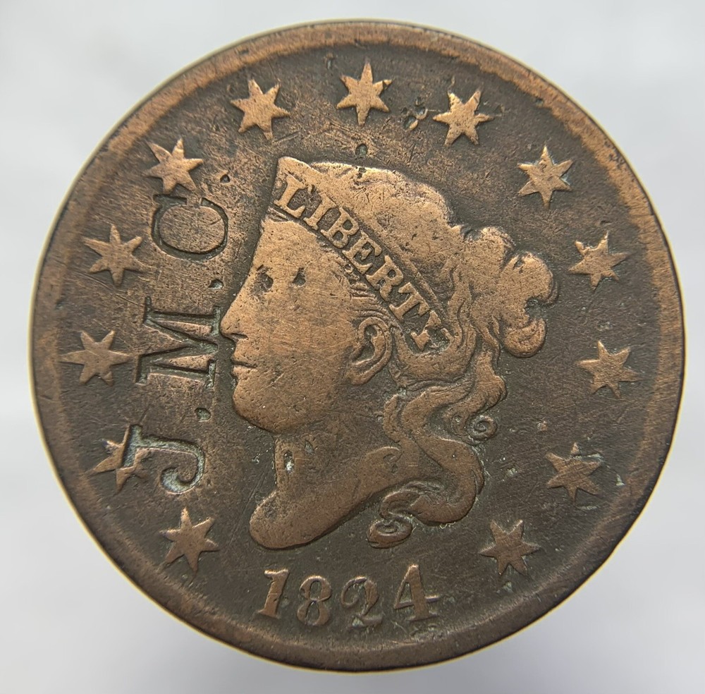 1824 Coronet Head Large Cent J.M.C Counter-stamp (B1290)