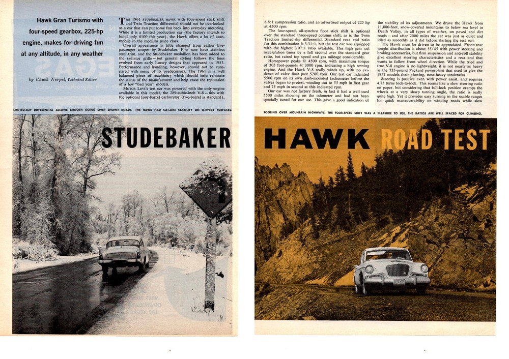 1961 STUDEBAKER HAWK  ~  ORIGINAL 4-PAGE ROAD TEST / ARTICLE / AD