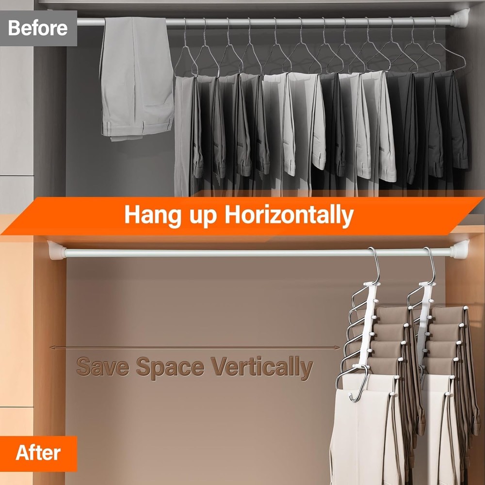 Upgraded Collapsible Pants Hangers Space Saving, 6 Layers 2 Pack, Silver