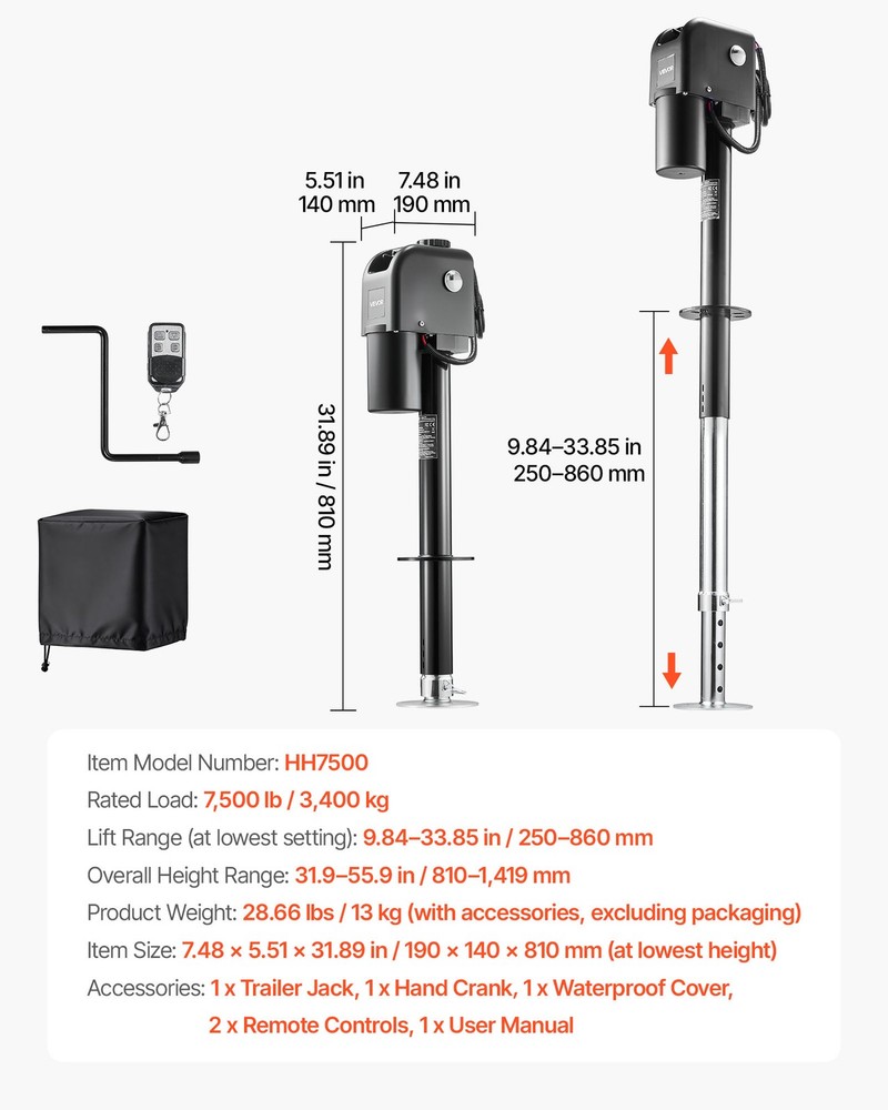 VEVOR Electric Trailer Jack 7500 lbs 9.84-27.84 in Electric Power Tongue Jack