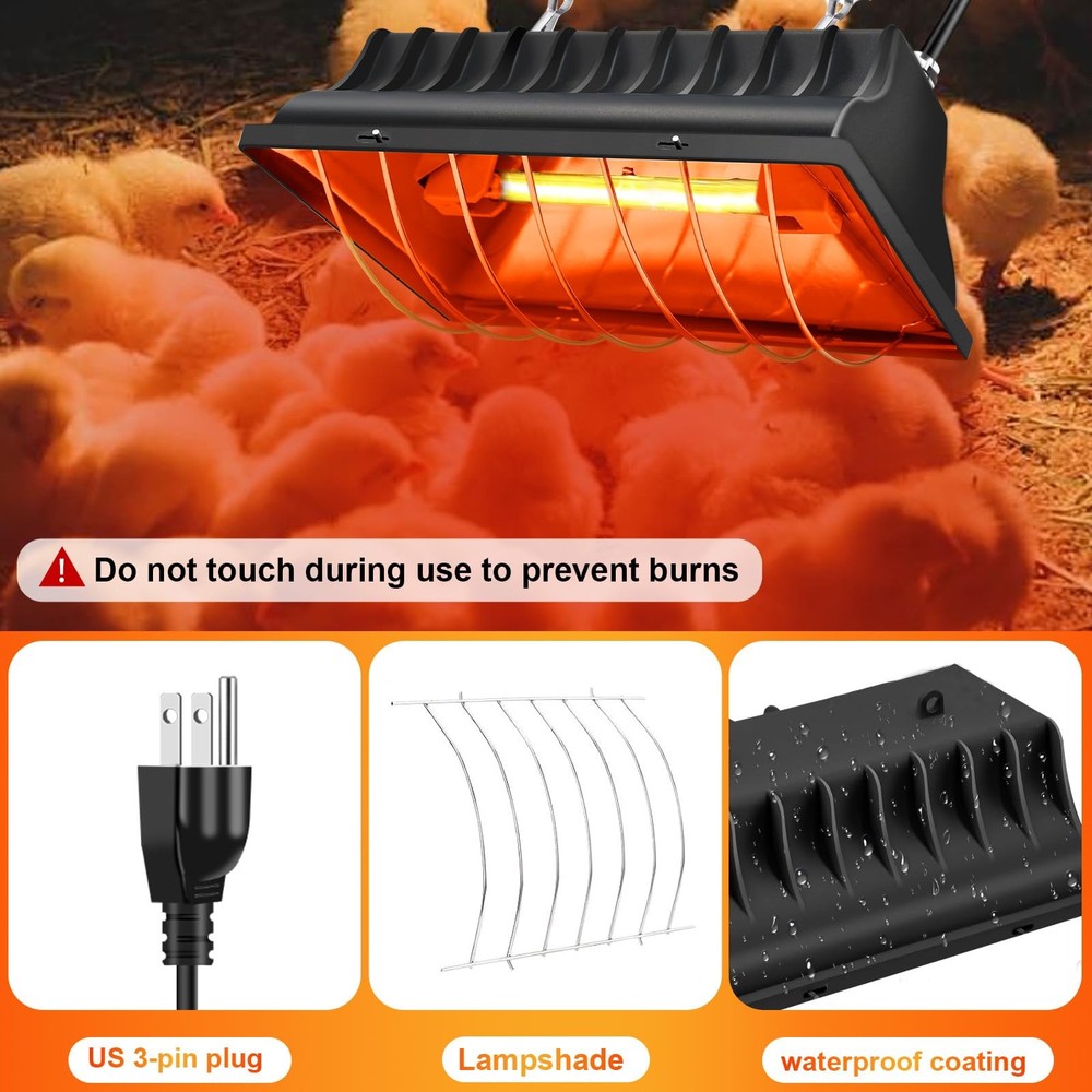 Chicken Coop Heating Lamp Brooder 250W, Adjustable Heating Temperature and Ha...