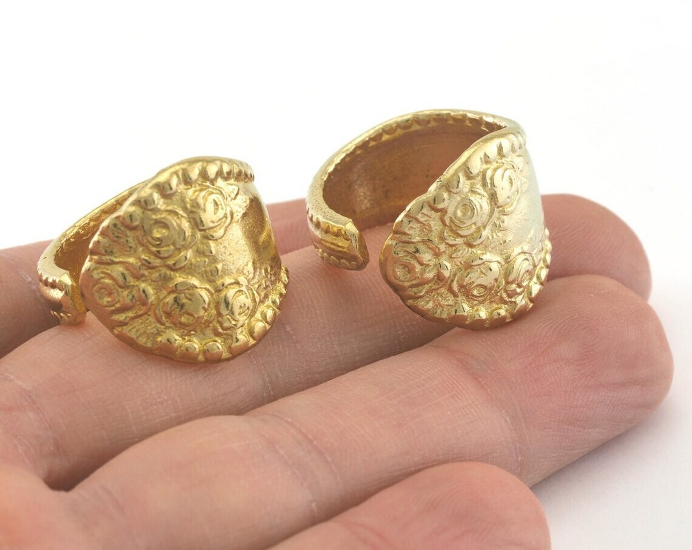 Spoon Ring Flower Patterned Adjustable Ring Raw Brass (18mm 8US inner size) 2710