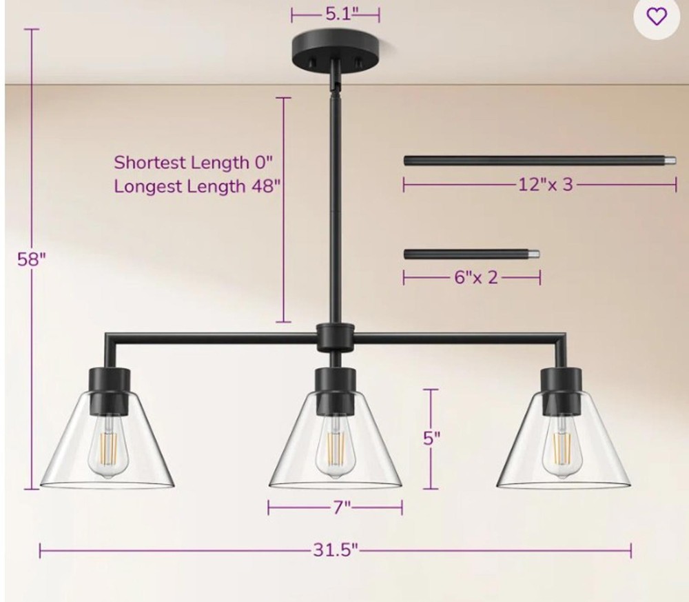 Modern Kitchen Island 3 Light Linear Chandelier