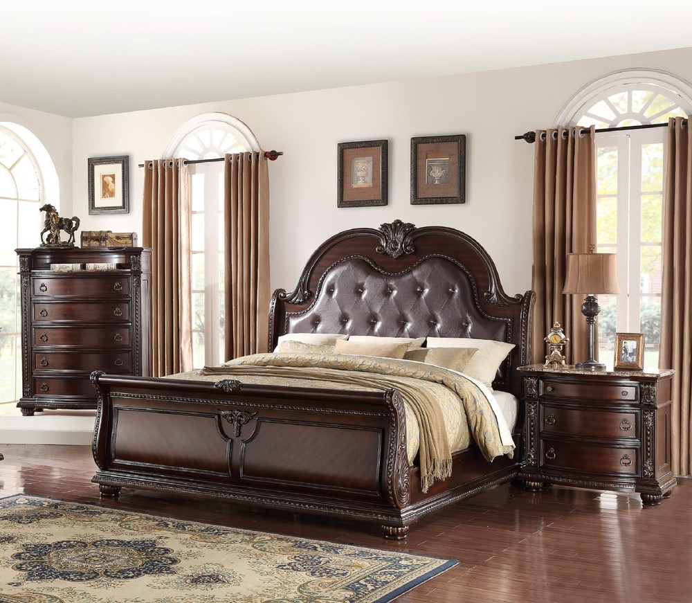 Formal Vintage Style Luxury 3pc Brown Finish Queen Size Panel Bed Set Solid Wood