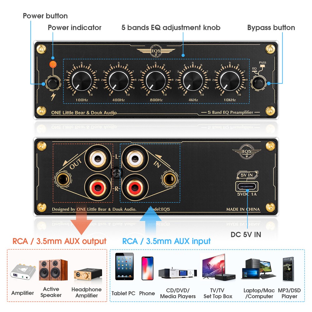 Mini 5-Band EQ Preamp Equalizer for Amplifier / Speaker Stereo Audio Processor