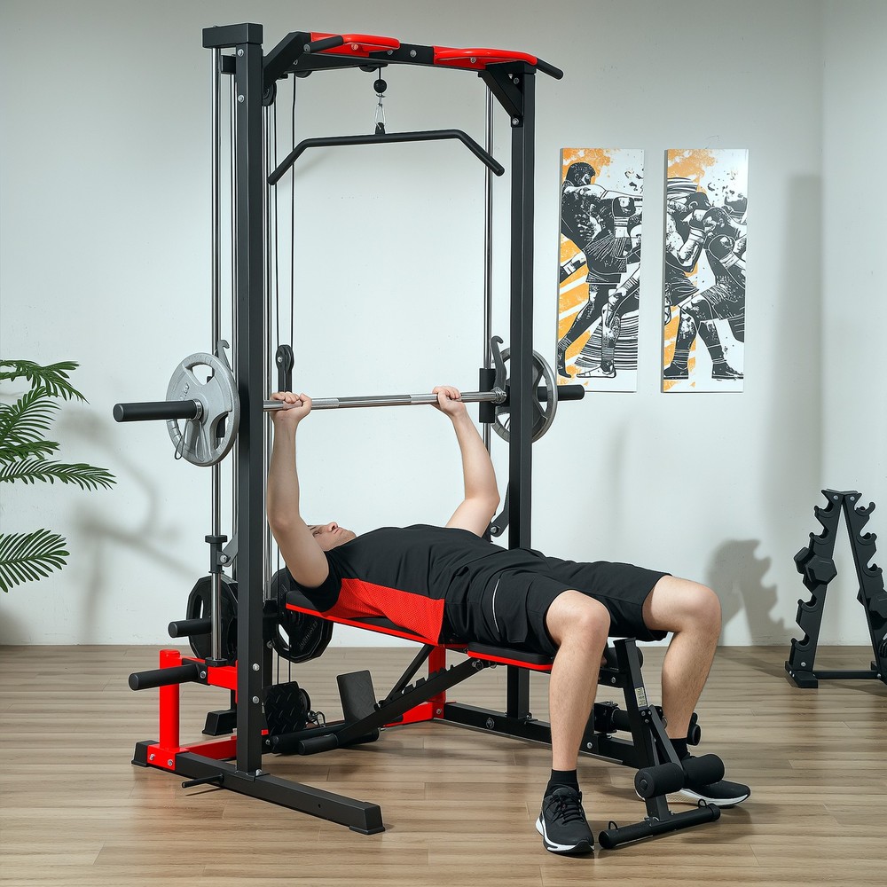 Smith Machine Power Squat Rack with Pull Up Barbell Bar Lat Pull Down System