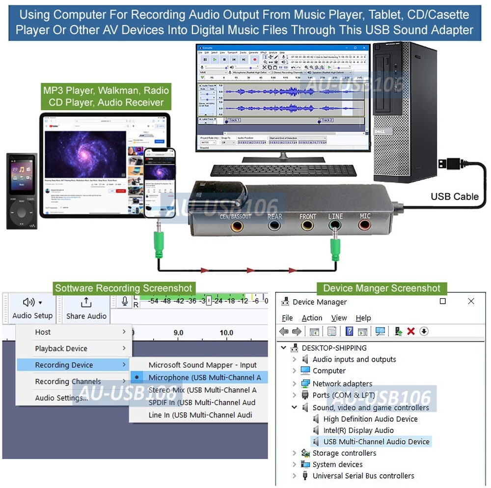 USB 6-Channel Surround Sound Card Adapter With Optical Audio Input Output