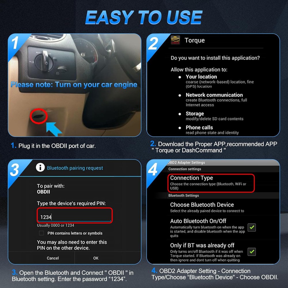 Bluetooth OBD2 OBDII Car Diagnostic Scanner Auto Fault Code Reader Tool ELM327