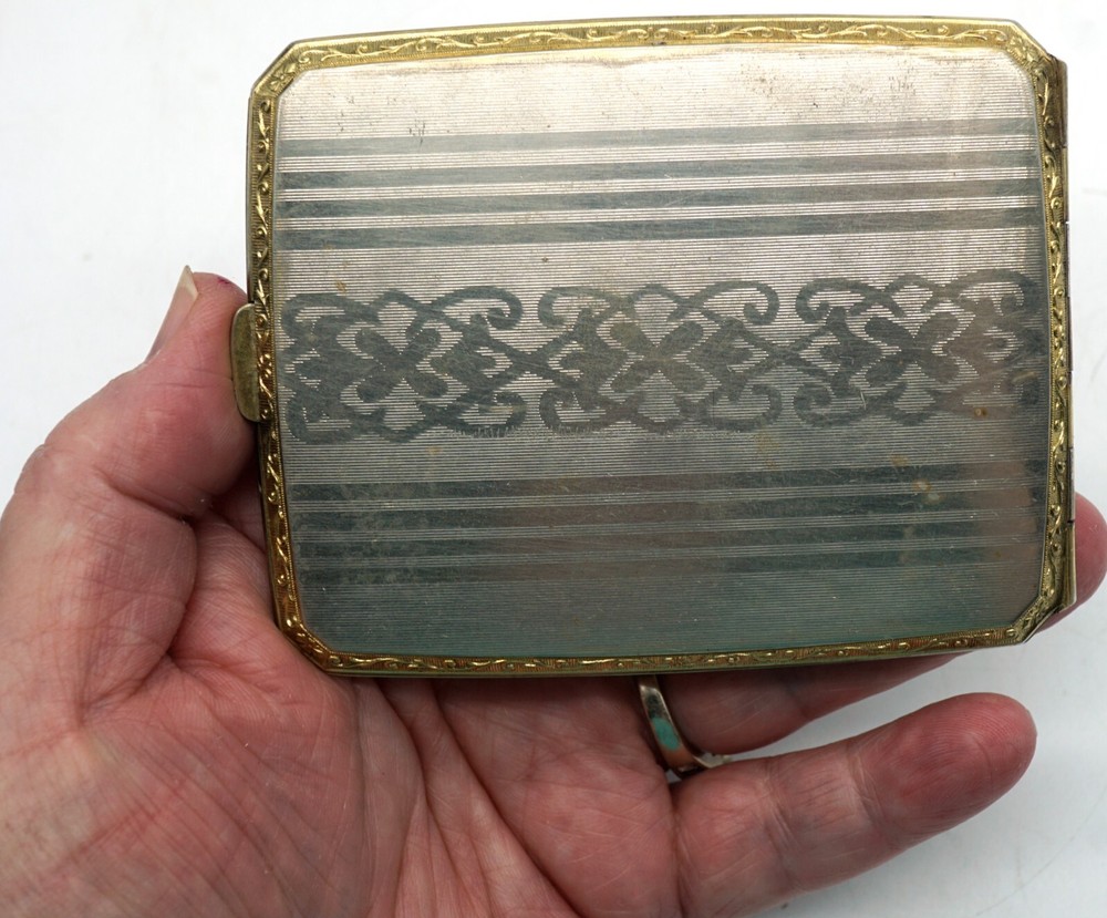 Antique Sterling Silver & Glit Engine Turned Design Cigarette Case