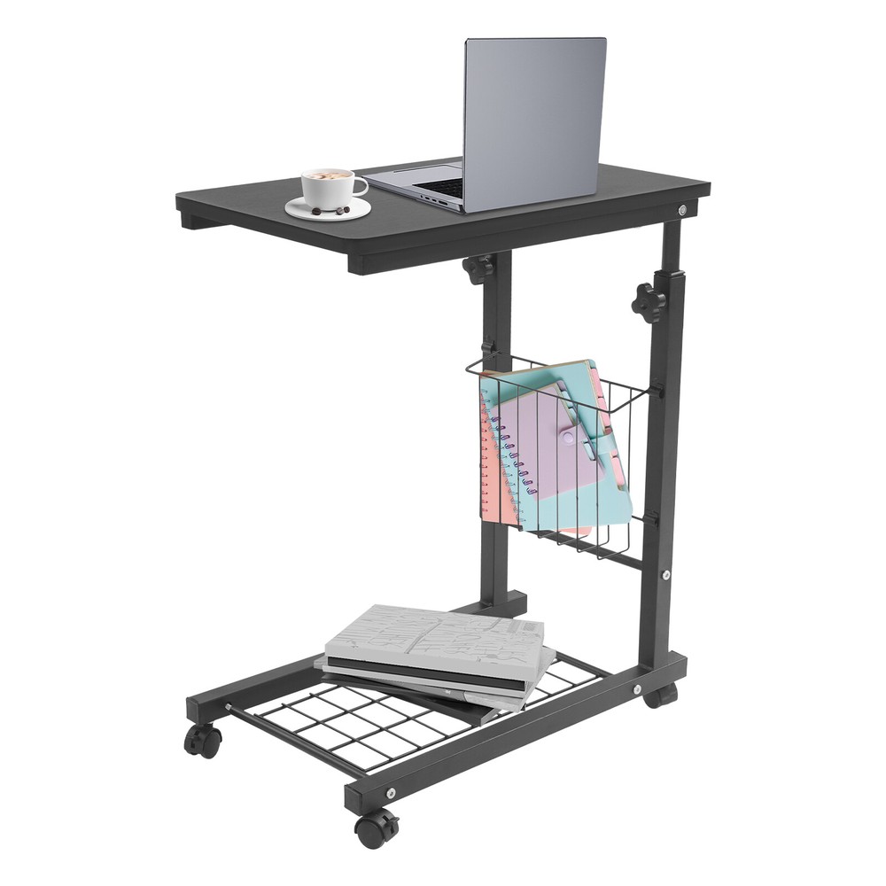 2 Tiers Adjustable Bed Side Table Thickened Mobile Standalone Table w/ Wheels