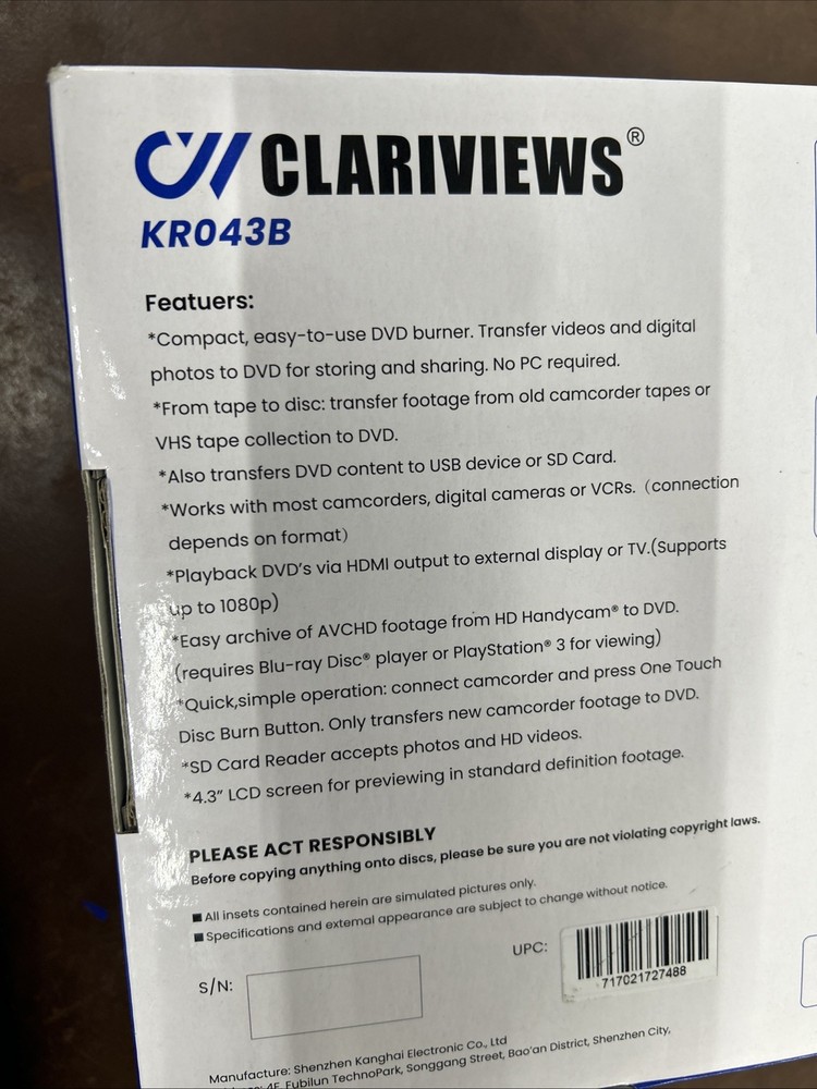 CLARIVIEWS Multi-Function Media Recorder, VHS to Digital - KR043B New Open Box