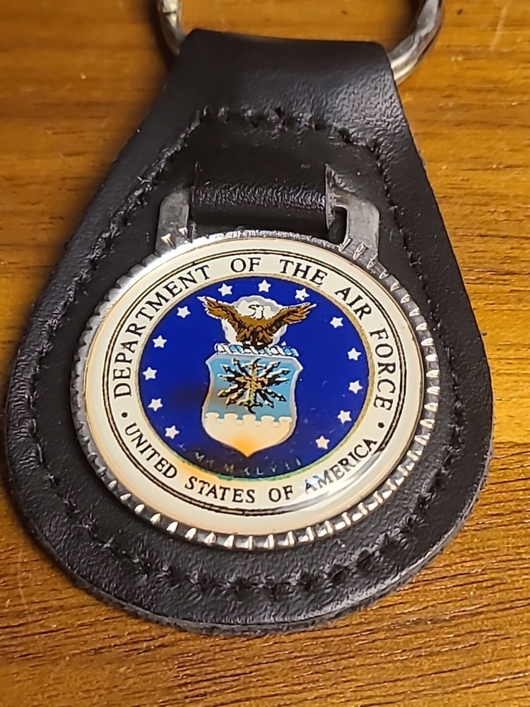 US Air Force Keychain  Leather Back Enamel Medalion