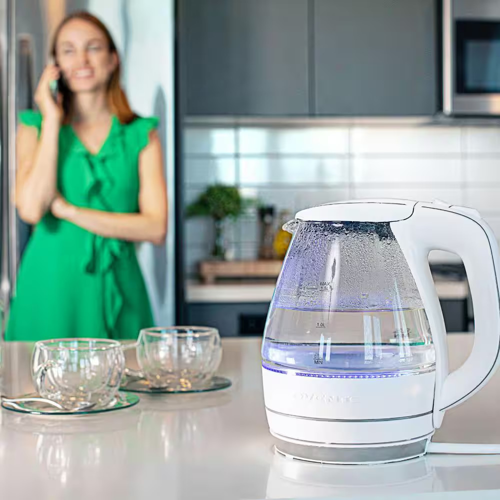 Illuminated 6.5-Cup White Electric Kettle with Filter, Fast Heating and Auto-Shu