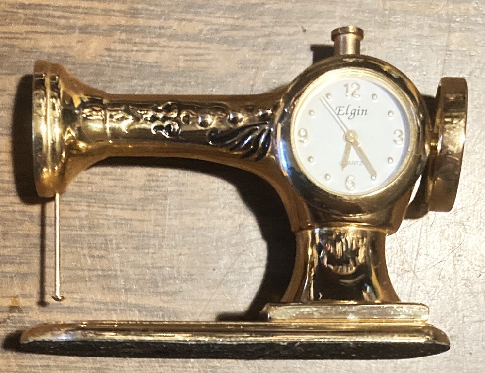 Elgin Gold Tone Sewing Machine Mini Clock Quartz