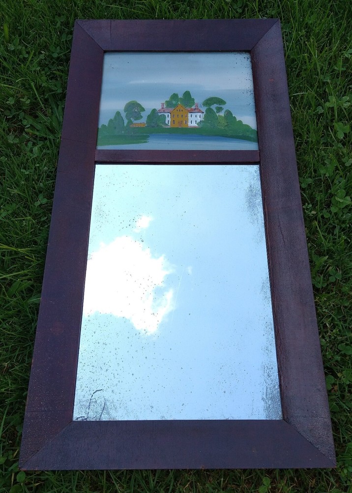 Antique Split Column (two part) Mirror Reverse Painting, Mid 1800s
