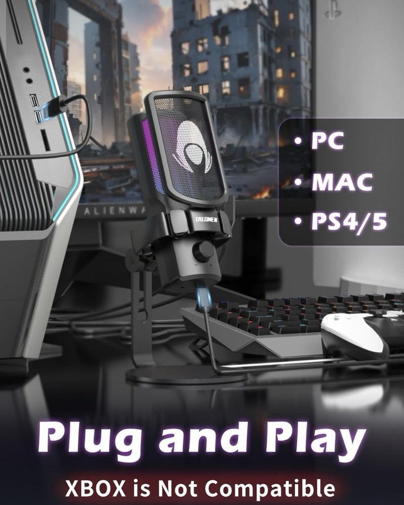 Talomen Gaming Microphone USB PC Mic With Gain Adjustment & Zero Latency Mode