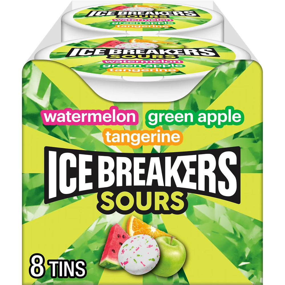 Ice Breakers Sours Assorted Fruit Flavored Sugar Free Mints, Tins 1.5 oz, 8 Coun