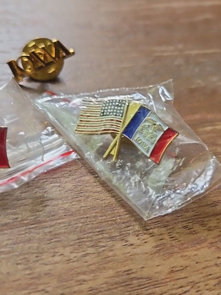 3 Iowa Pins USA & State Flags & Script