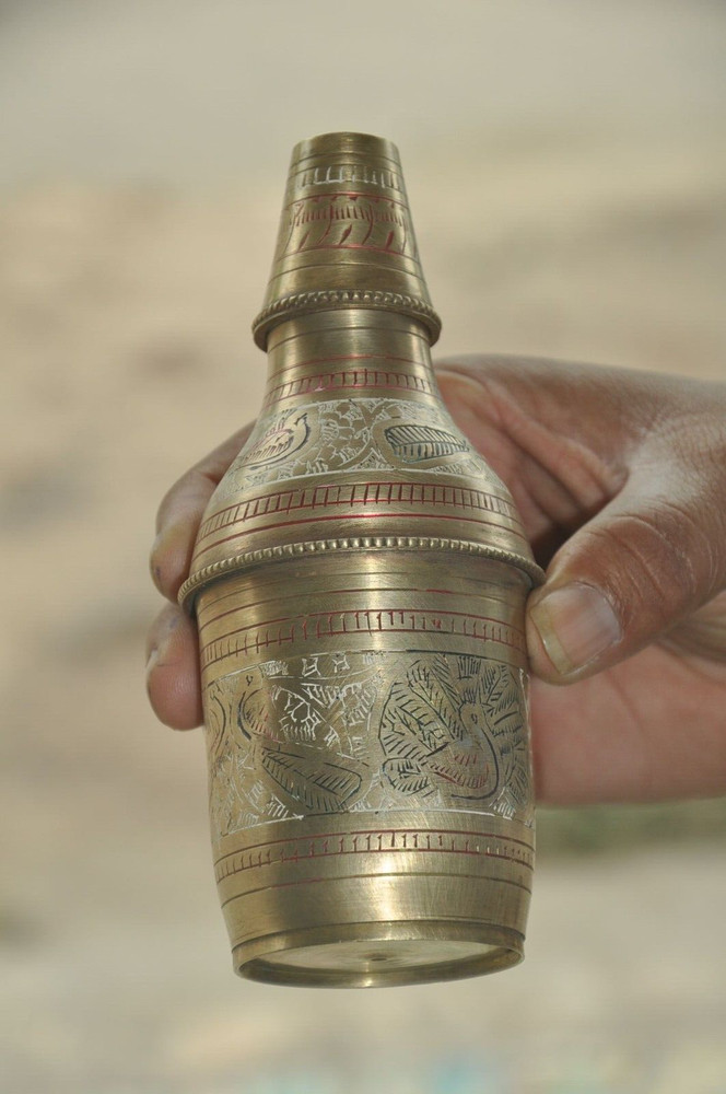 Vintage Unique Shape Brass Handcrafted Lacquer Work Powder Bottle