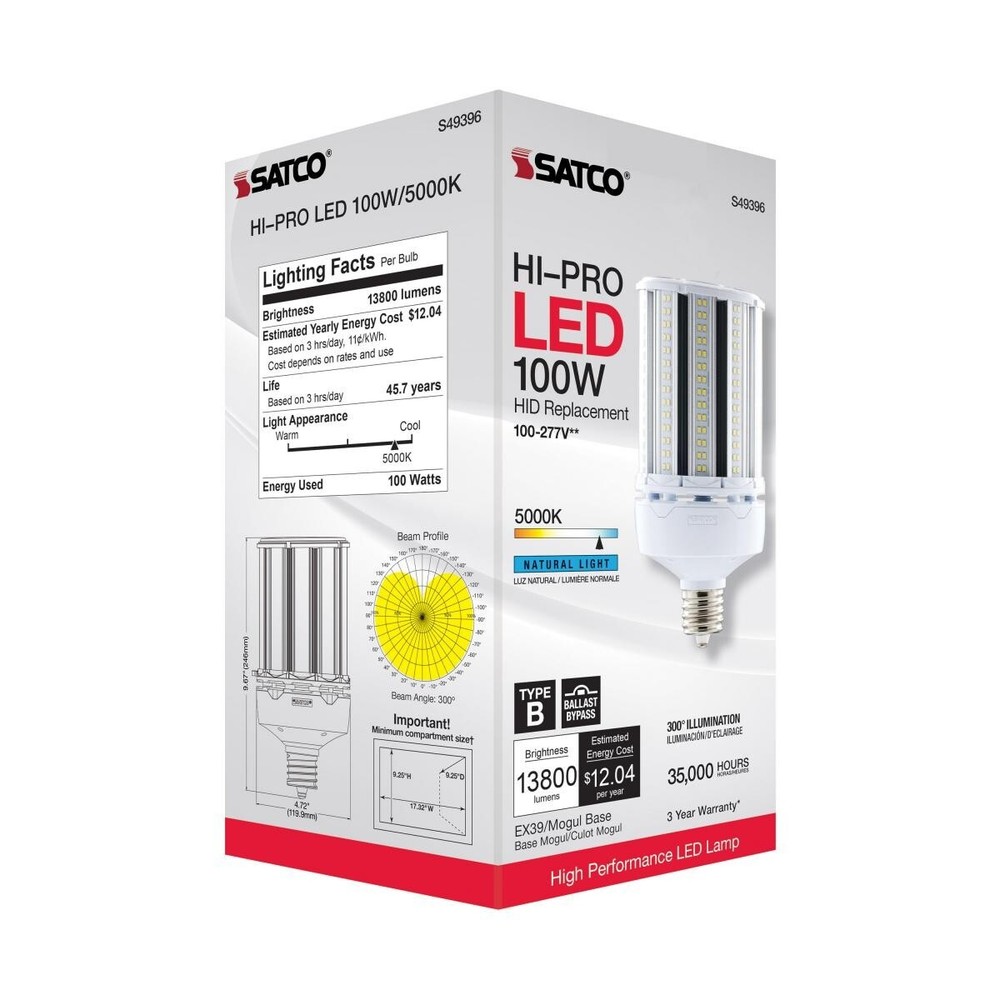 Satco S49396 - 100 Watt LED HID Replacement - 5000K - Type B; Ballast Bypass