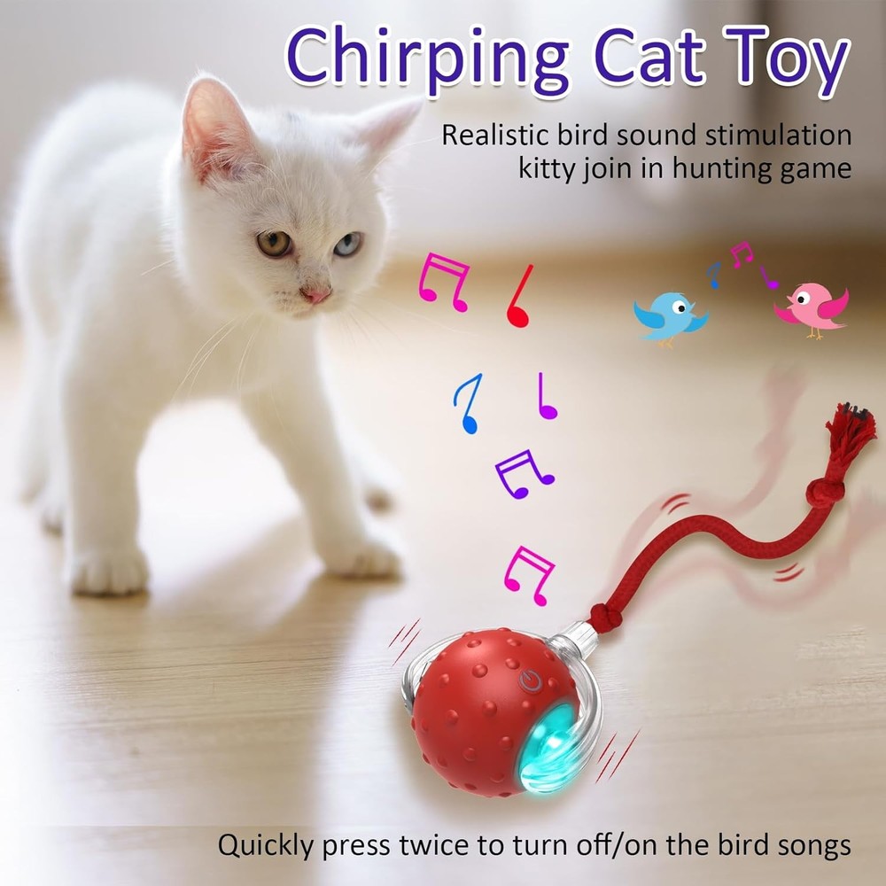 Interactive Cat Toy Ball – Fast Rolling, Chirping, Motion-Activated, Red