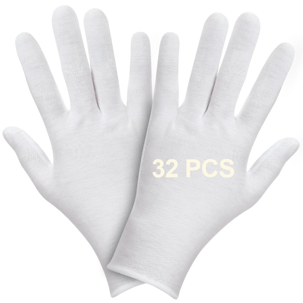 32PCS (16 Pairs) Thin White Gloves 90% Polyester - Overnight Moisturizing