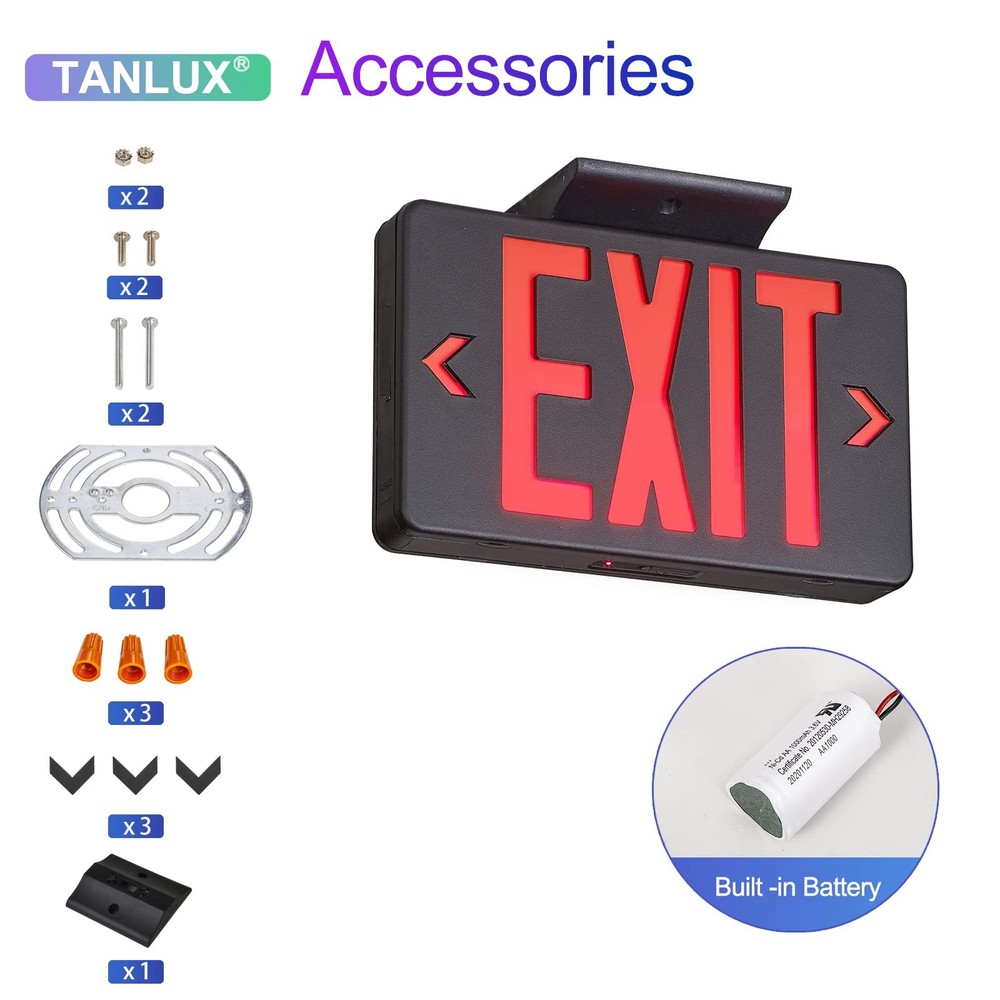 TANLUX Red Exit Sign with Black Housing, LED Emergency Exit Light with Battery B