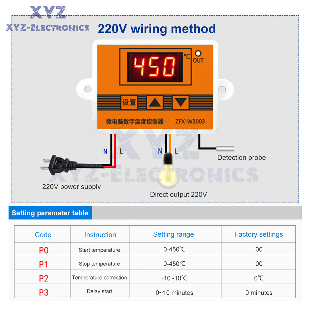 W3003 Microcomputer Temperature Controller K-type Thermocouple Thermostat 220V