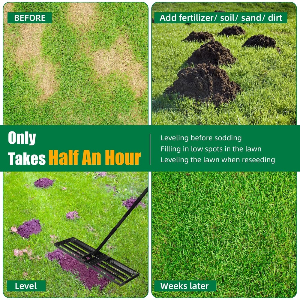 Lawn Leveling rake 34.1"x9.4" Levelawn Tool with 70.5" Adjustable Long Handle...