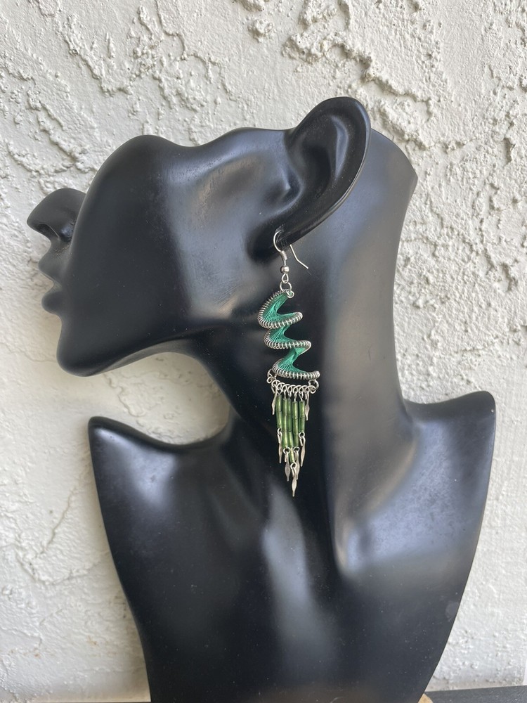 Peruvian Emerald Green Spiral Long Silk Thread Earrings Beads Handmade Boho