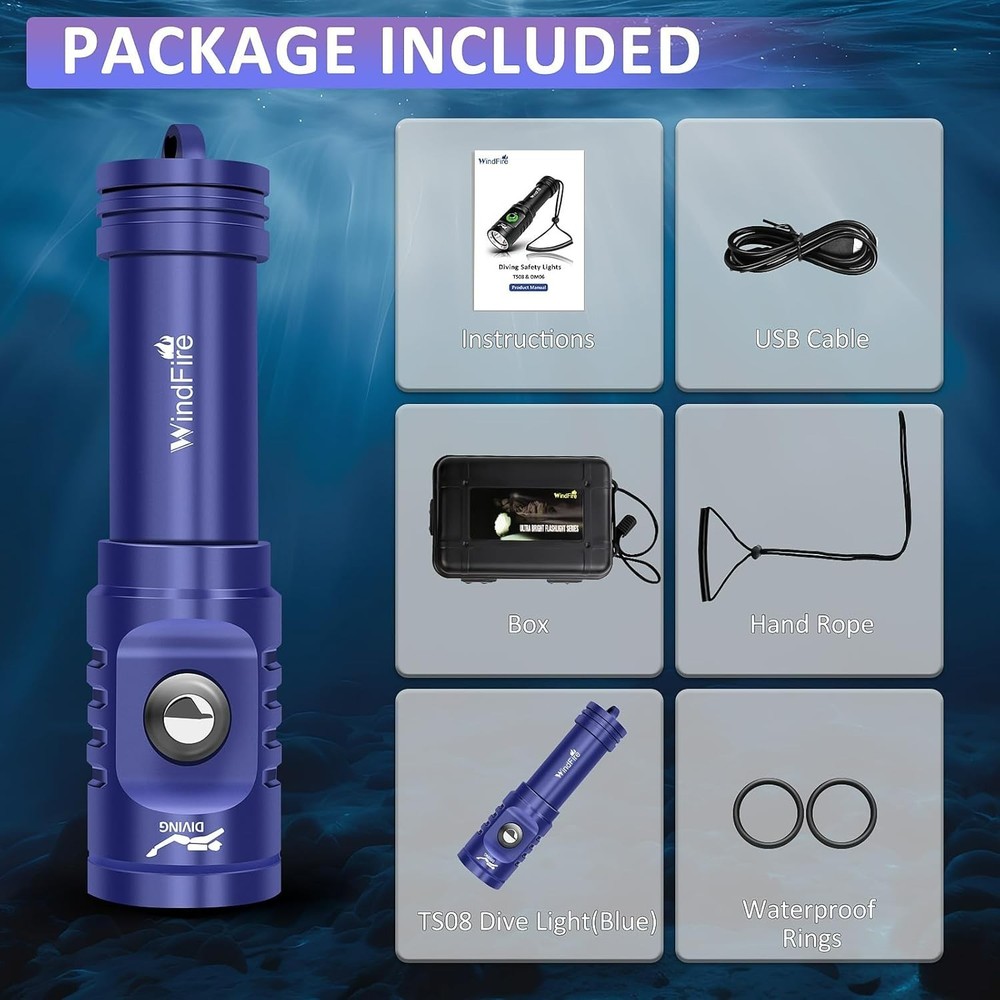 TS08 Scuba Diving Flashlight, Super Bright Dive Light Rechargeable, 3 Modes