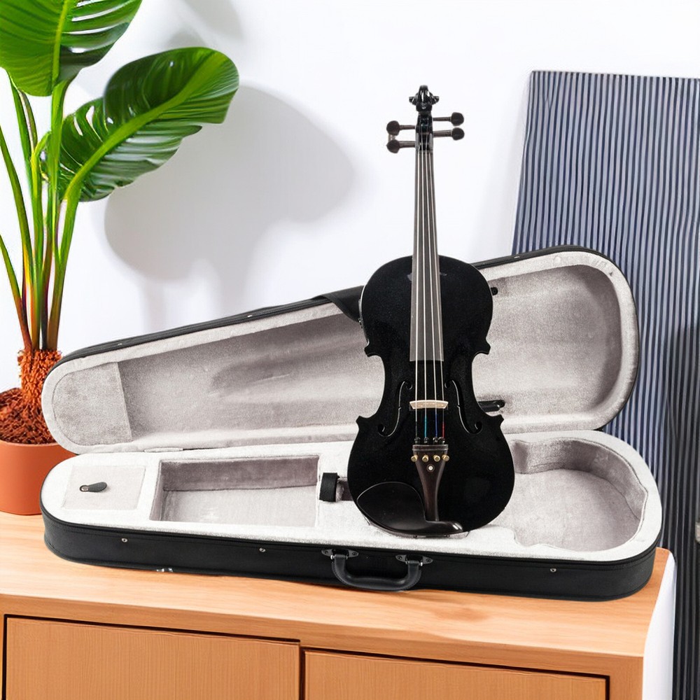 Black 4/4 Full Size Solid Wood Violin Set w/ EQ, Shoulder Rest, Electronic Tuner